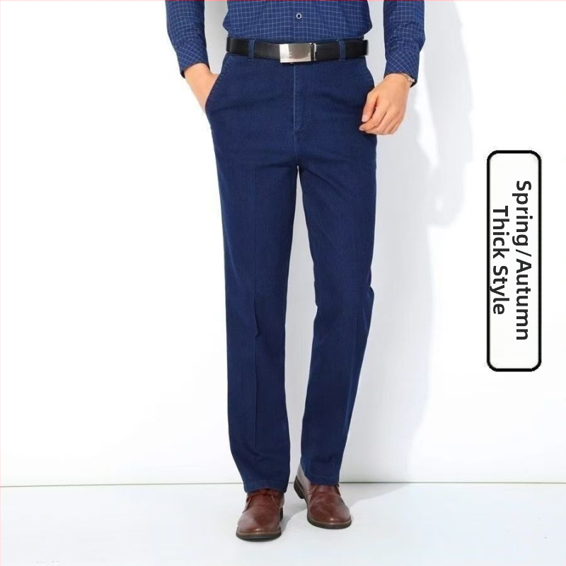 Pánske džínsy pre stredne starých mužov, vysoký pás, rovný strih, washed denim, bavlnený denim