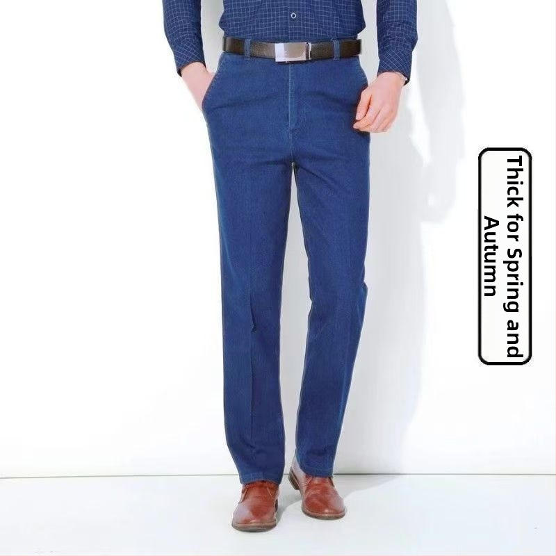 Pánske džínsy pre stredne starých mužov, vysoký pás, rovný strih, washed denim, bavlnený denim