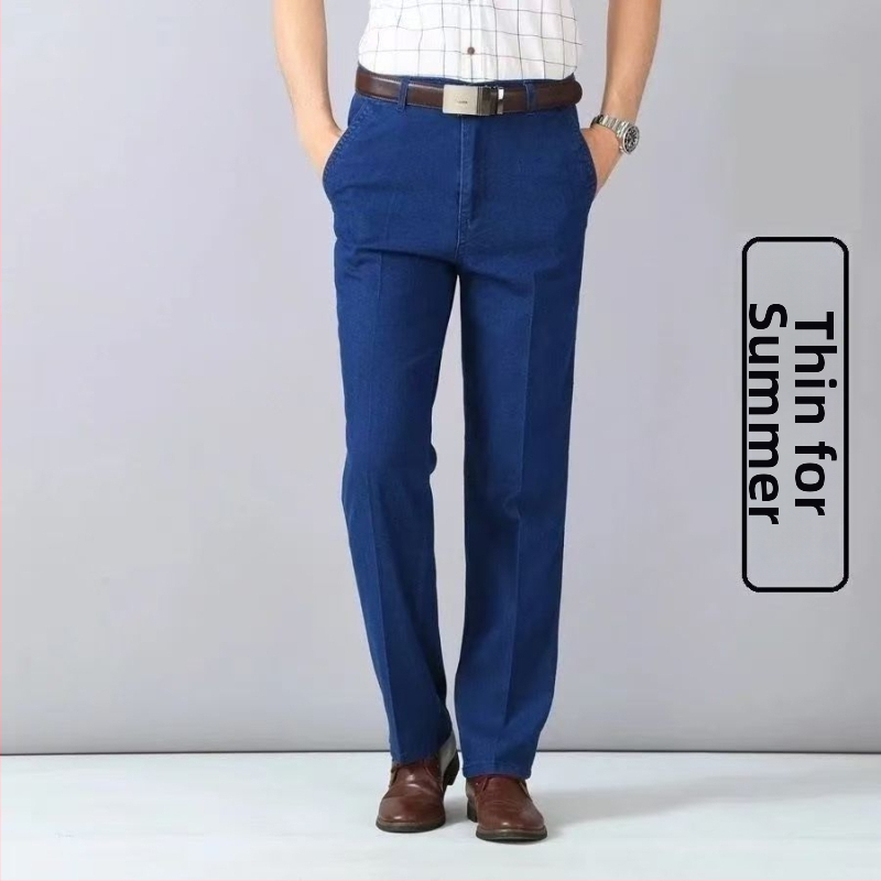 Pánske džínsy pre stredne starých mužov, vysoký pás, rovný strih, washed denim, bavlnený denim