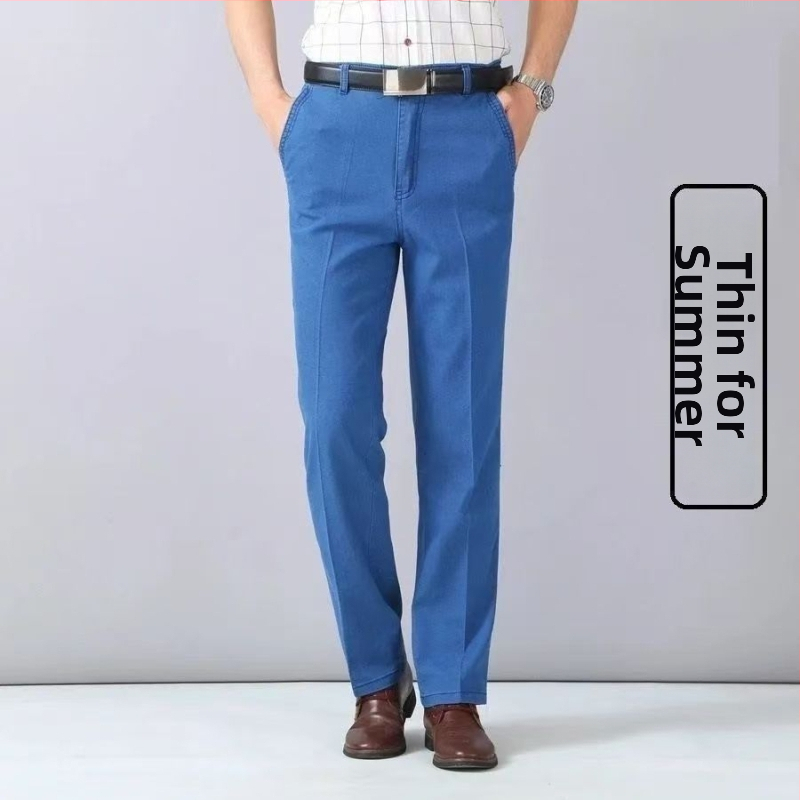 Pánske džínsy pre stredne starých mužov, vysoký pás, rovný strih, washed denim, bavlnený denim