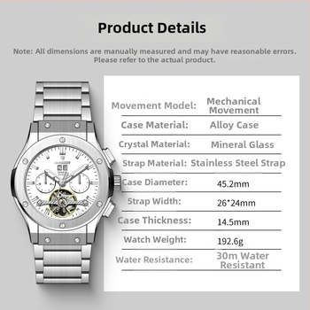 Pánske multifunkčné chronograf hodinky s veľkým ciferníkom, mechanický pohon Rostov (Čína); priemer ciferníka 45 mm; vodotesnosť 30 m; kalendár, deň v týždni, mesiac