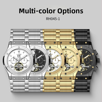 Pánske multifunkčné chronograf hodinky s veľkým ciferníkom, mechanický pohon Rostov (Čína); priemer ciferníka 45 mm; vodotesnosť 30 m; kalendár, deň v týždni, mesiac