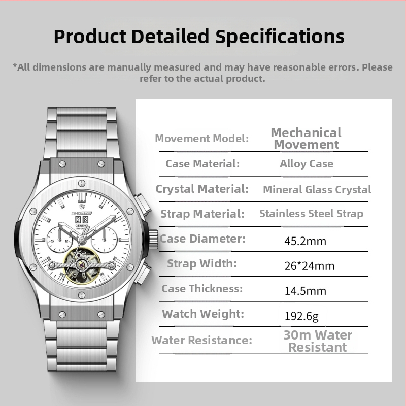 Pánske multifunkčné chronograf hodinky s veľkým ciferníkom, mechanický pohon Rostov (Čína); priemer ciferníka 45 mm; vodotesnosť 30 m; kalendár, deň v týždni, mesiac