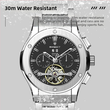 Pánske multifunkčné chronograf hodinky s veľkým ciferníkom, mechanický pohon Rostov (Čína); priemer ciferníka 45 mm; vodotesnosť 30 m; kalendár, deň v týždni, mesiac
