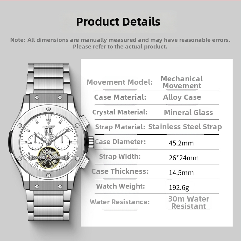 Pánske multifunkčné chronograf hodinky s veľkým ciferníkom, mechanický pohon Rostov (Čína); priemer ciferníka 45 mm; vodotesnosť 30 m; kalendár, deň v týždni, mesiac