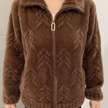 Дамско късо яке от Chenille имитация Mink Velvet, подплатено флисом, 3/4 ръкав, квадратна яка
