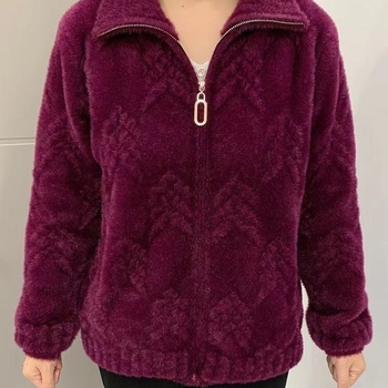 Дамско късо яке от Chenille имитация Mink Velvet, подплатено флисом, 3/4 ръкав, квадратна яка