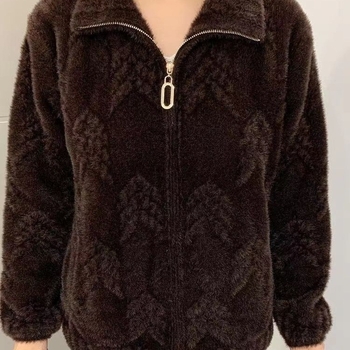 Дамско късо яке от Chenille имитация Mink Velvet, подплатено флисом, 3/4 ръкав, квадратна яка