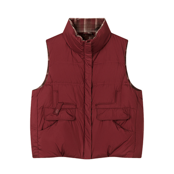 Ženski down vest, poliester tkanina, 76–80% bijelog patka downa, zatvarač sprijed, stojeći ovratnik, širok kroj