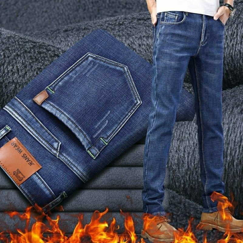 Vīriešu džinsi ar flīsa iekšējo pildījumu, taisns griezums, vidukļa vidējais augstums, kokvilnas denims, rāvējslēdzēja aizdare