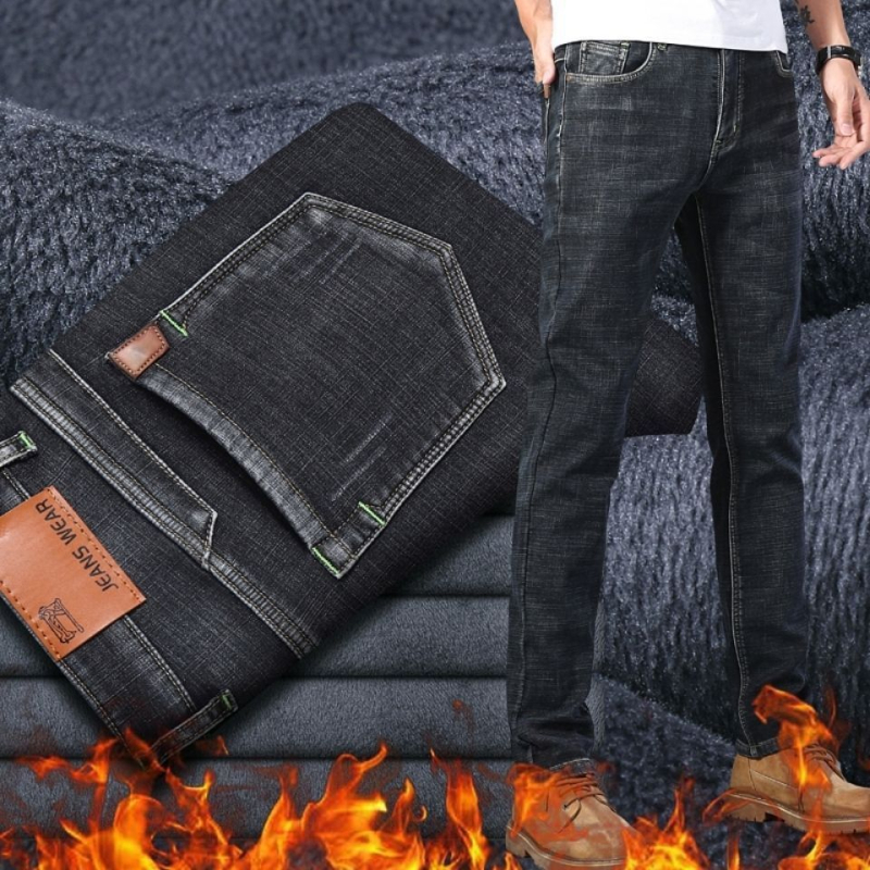 Vīriešu džinsi ar flīsa iekšējo pildījumu, taisns griezums, vidukļa vidējais augstums, kokvilnas denims, rāvējslēdzēja aizdare