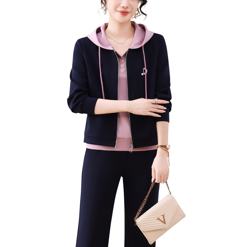 Sieviešu divdaļīgs sporta komplekts — vienkāršā krāsa, kokvilna 75%, garas piedurknes, polo apkakle, stils: vingrošana / brīvā laika / ikdienas