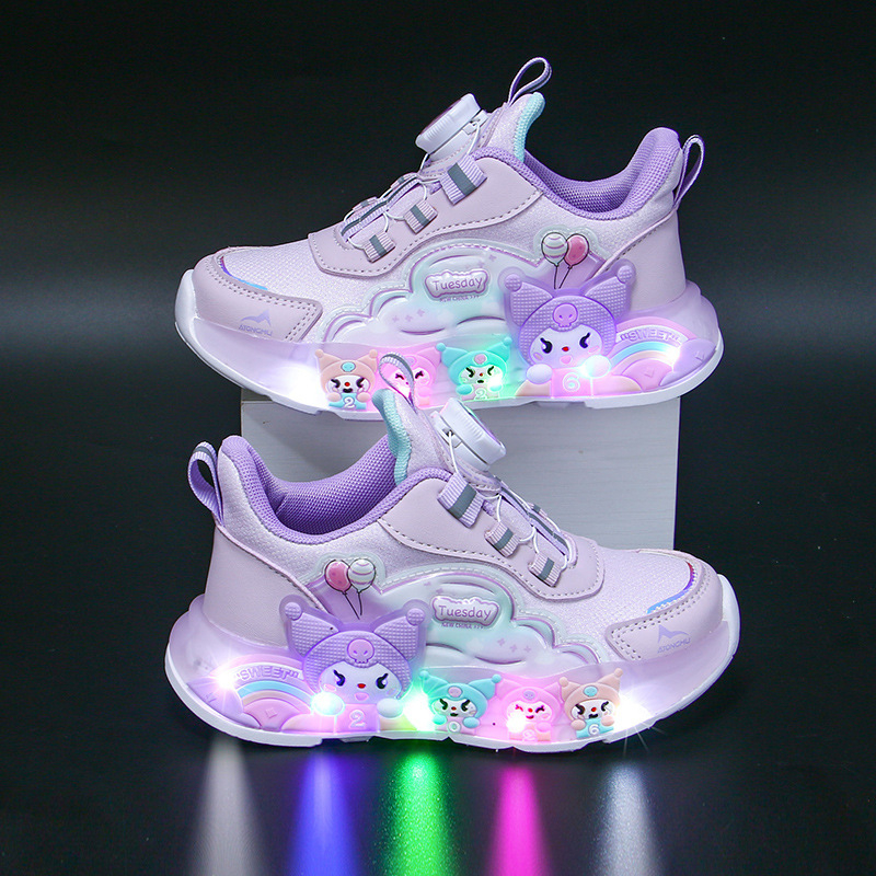 Mergaitėms sportbačiai – viršutinė dalis sintetinė oda, EVA padas, atsparūs vandeniui, lengvi, priešslydis, užsegimas su pasukamu mygtuku, karikatūros piešinys, 2025 m. rudens leidimas