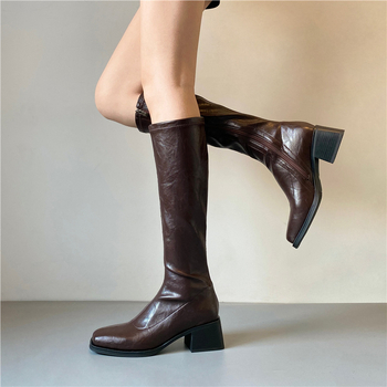 Ženske čizme do koljena u retro stilu, gornji materijal: super vlakna, bočni zatvarač, okrugli prst, debeli potpetica 6–8 cm, gumeni đon