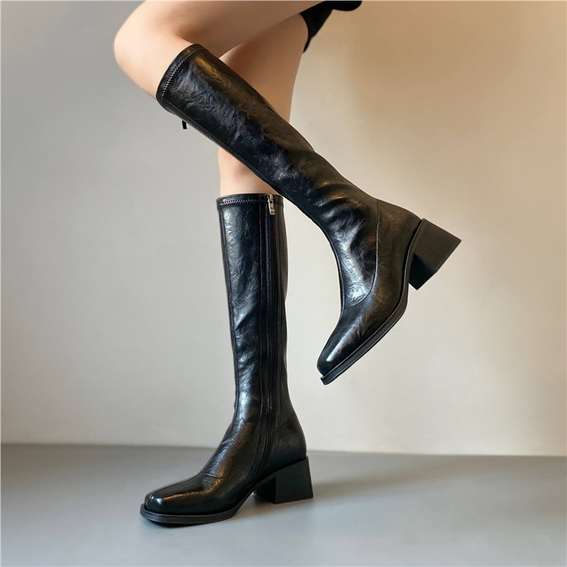 Ženske čizme do koljena u retro stilu, gornji materijal: super vlakna, bočni zatvarač, okrugli prst, debeli potpetica 6–8 cm, gumeni đon