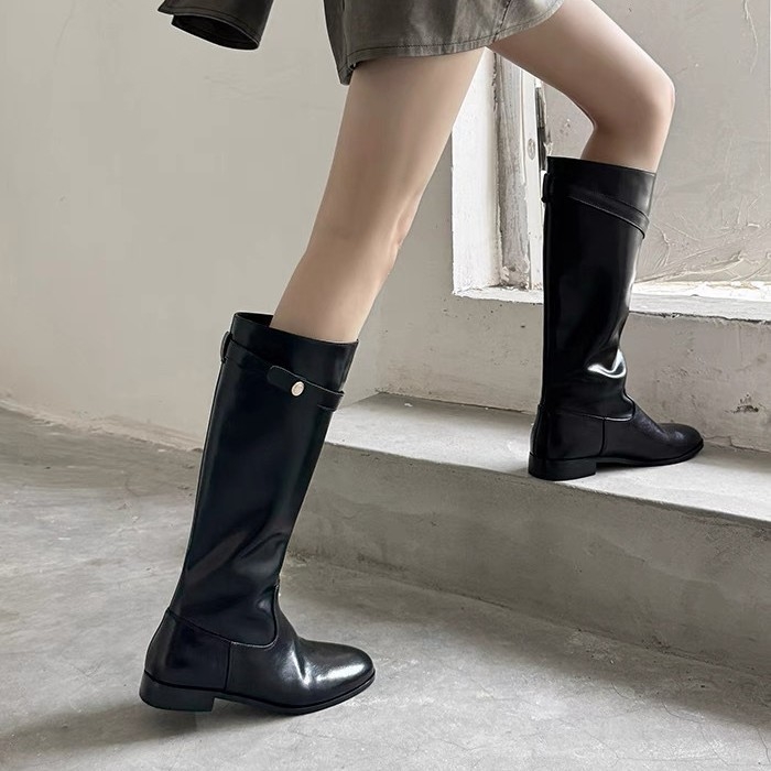 Viteške čizme od teleće kože, visoki shaft, debeli pet 3–5 cm, ženske, retro stil