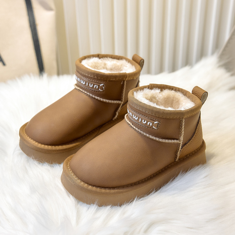 Ghete de iarnă pentru copii, gleznă, cu suprafața din piele microfibră, impermeabile, căptușeală caldă din bumbac, talpă antiderapantă din TPR, unisex pentru copii 4–12 ani