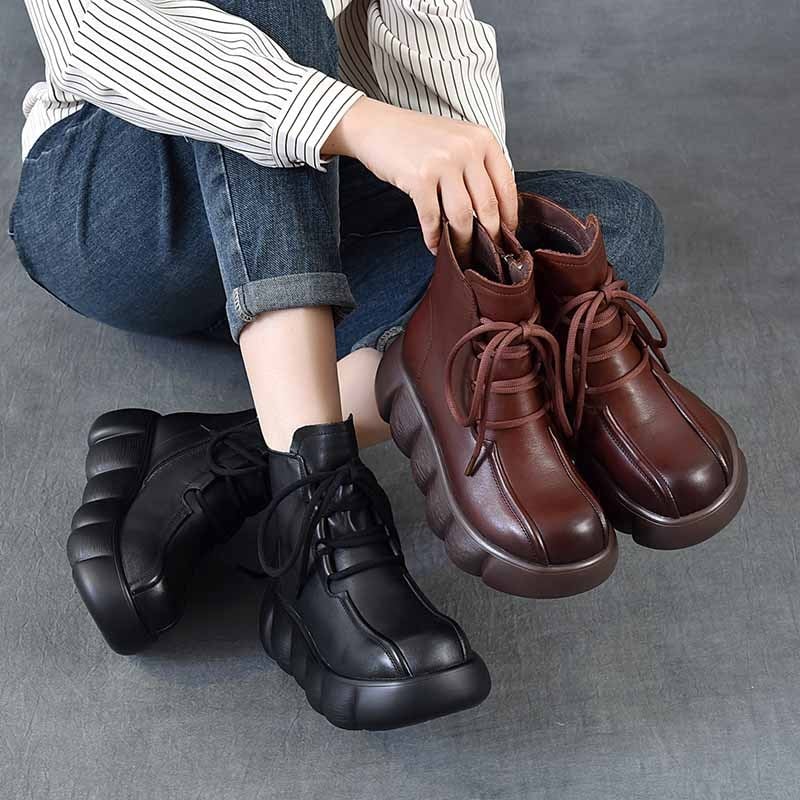 Női Martin bakancs platformos és vastag talpú, felsőrész első réteg borjúbőrből, retro stílusú bőr bokacsizma oldalsó cipzárral, 6–8 cm-es klín sarok