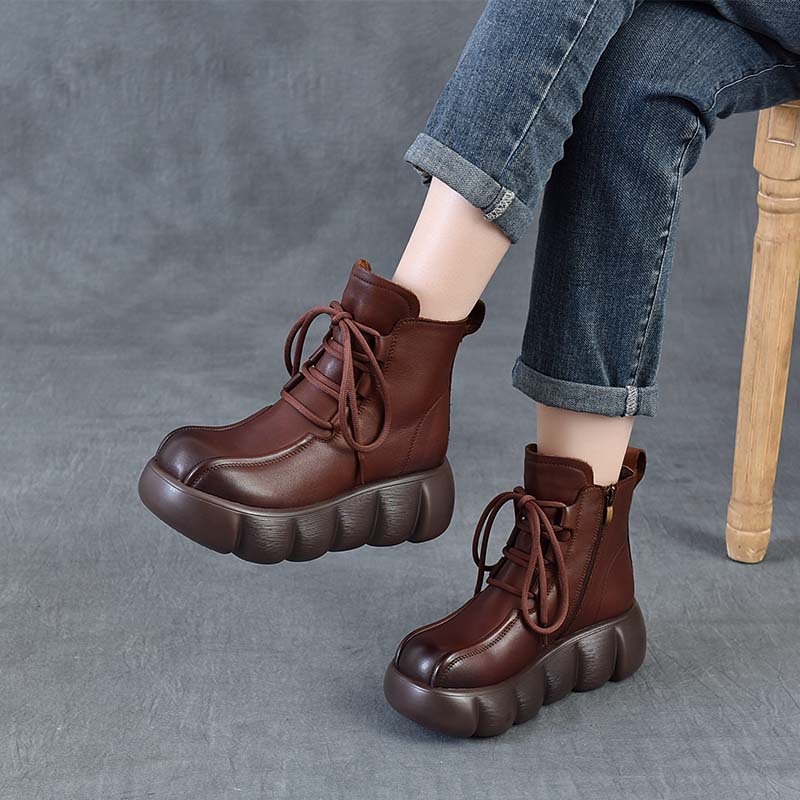 Női Martin bakancs platformos és vastag talpú, felsőrész első réteg borjúbőrből, retro stílusú bőr bokacsizma oldalsó cipzárral, 6–8 cm-es klín sarok