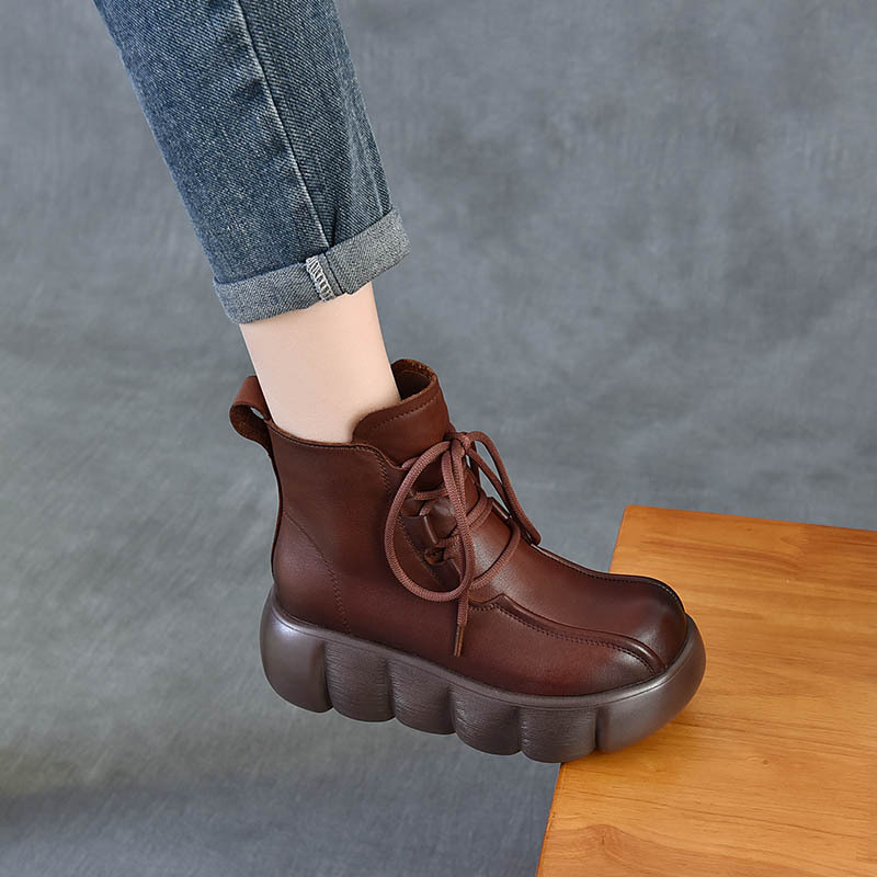 Női Martin bakancs platformos és vastag talpú, felsőrész első réteg borjúbőrből, retro stílusú bőr bokacsizma oldalsó cipzárral, 6–8 cm-es klín sarok