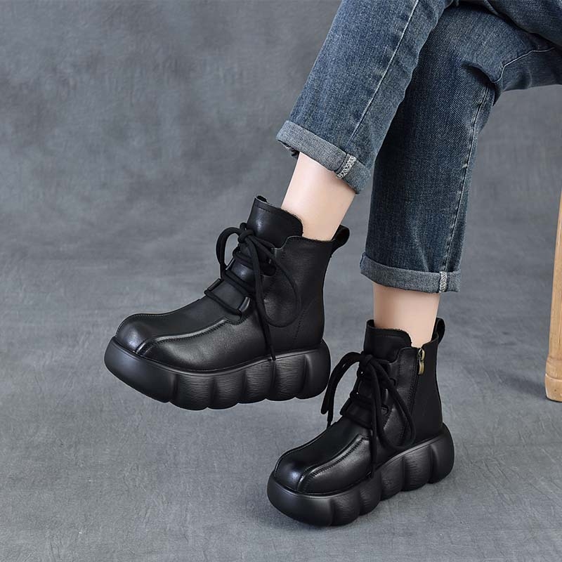 Női Martin bakancs platformos és vastag talpú, felsőrész első réteg borjúbőrből, retro stílusú bőr bokacsizma oldalsó cipzárral, 6–8 cm-es klín sarok