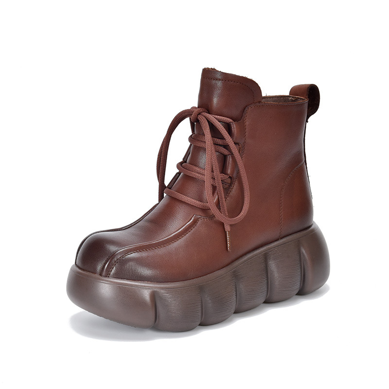 Női Martin bakancs platformos és vastag talpú, felsőrész első réteg borjúbőrből, retro stílusú bőr bokacsizma oldalsó cipzárral, 6–8 cm-es klín sarok