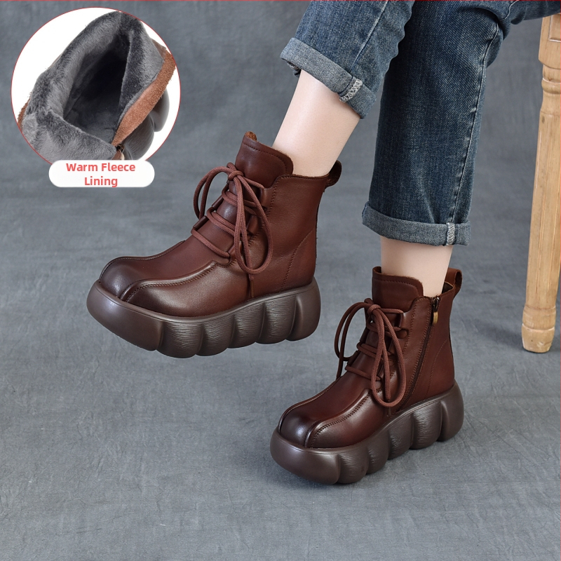 Női Martin bakancs platformos és vastag talpú, felsőrész első réteg borjúbőrből, retro stílusú bőr bokacsizma oldalsó cipzárral, 6–8 cm-es klín sarok