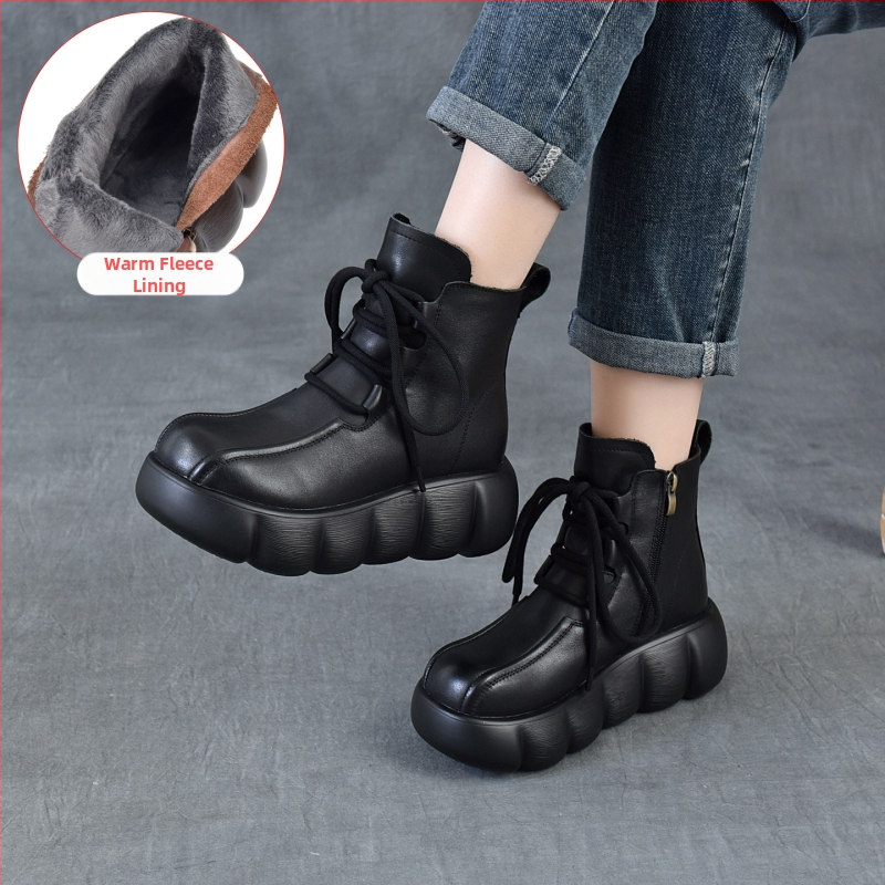 Női Martin bakancs platformos és vastag talpú, felsőrész első réteg borjúbőrből, retro stílusú bőr bokacsizma oldalsó cipzárral, 6–8 cm-es klín sarok