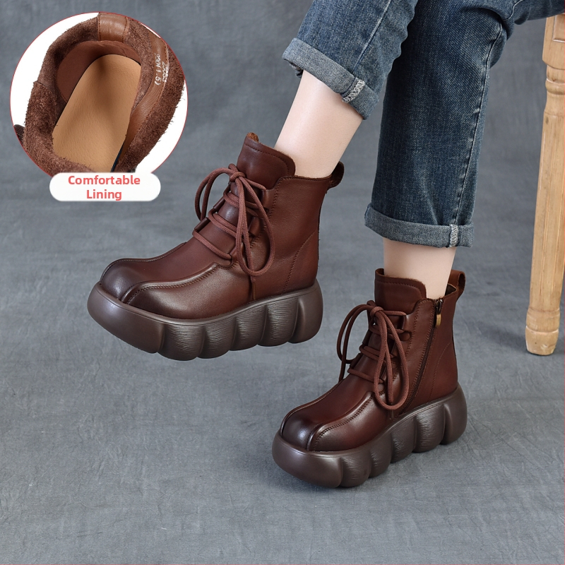 Női Martin bakancs platformos és vastag talpú, felsőrész első réteg borjúbőrből, retro stílusú bőr bokacsizma oldalsó cipzárral, 6–8 cm-es klín sarok