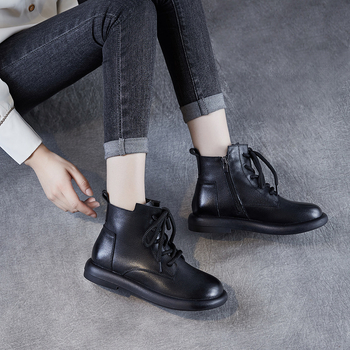 Martin čizme za žene, gornji dio od prve klase teleće kože, gumeni potplat, retro stil, okrugli nos