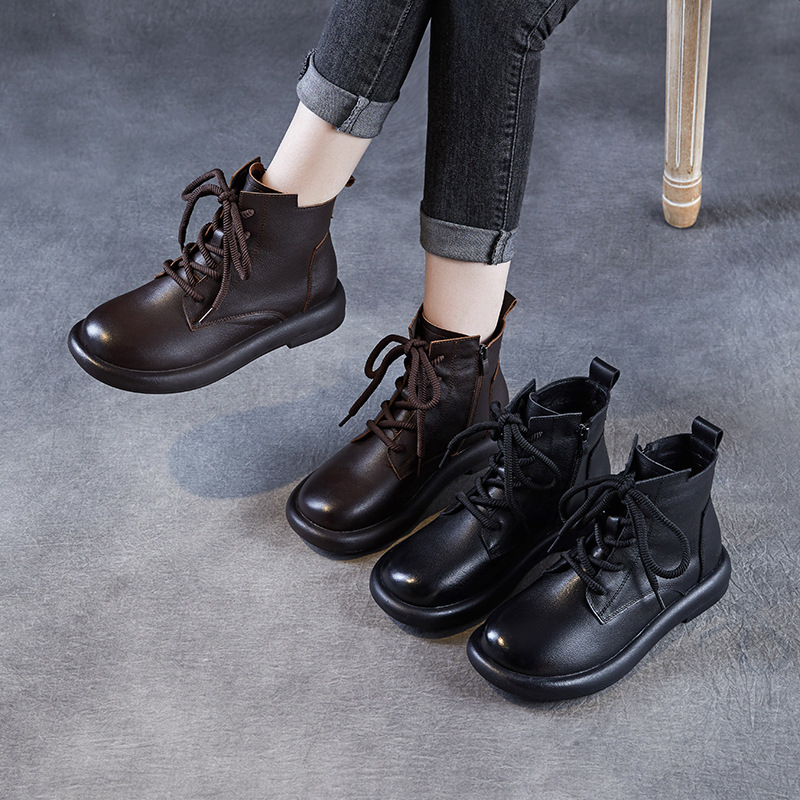 Martin čizme za žene, gornji dio od prve klase teleće kože, gumeni potplat, retro stil, okrugli nos