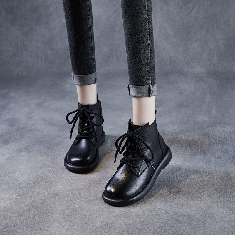 Martin čizme za žene, gornji dio od prve klase teleće kože, gumeni potplat, retro stil, okrugli nos