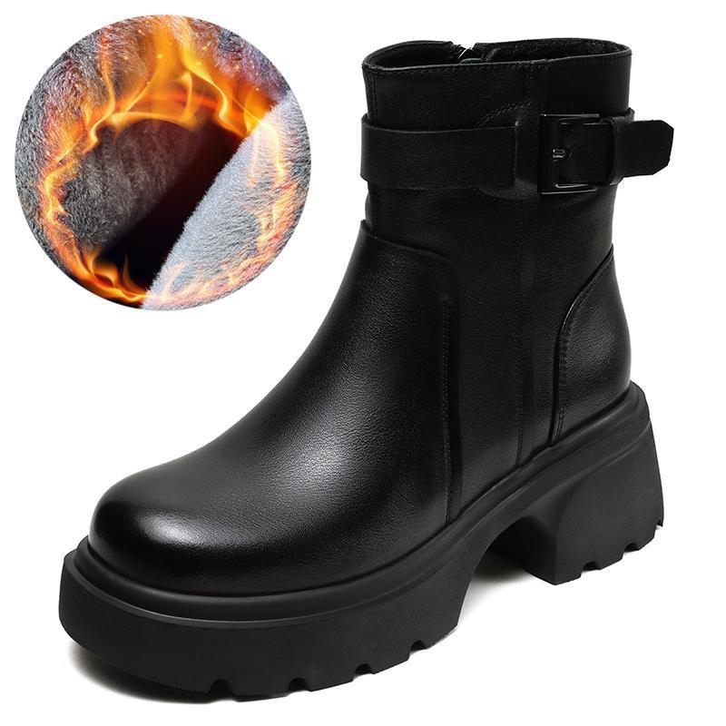 Női PU bőr rövid csizma vastag sarkú, téli fleece bélés, oldalsó cipzár, magasságot növelő