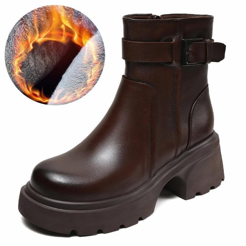 Női PU bőr rövid csizma vastag sarkú, téli fleece bélés, oldalsó cipzár, magasságot növelő