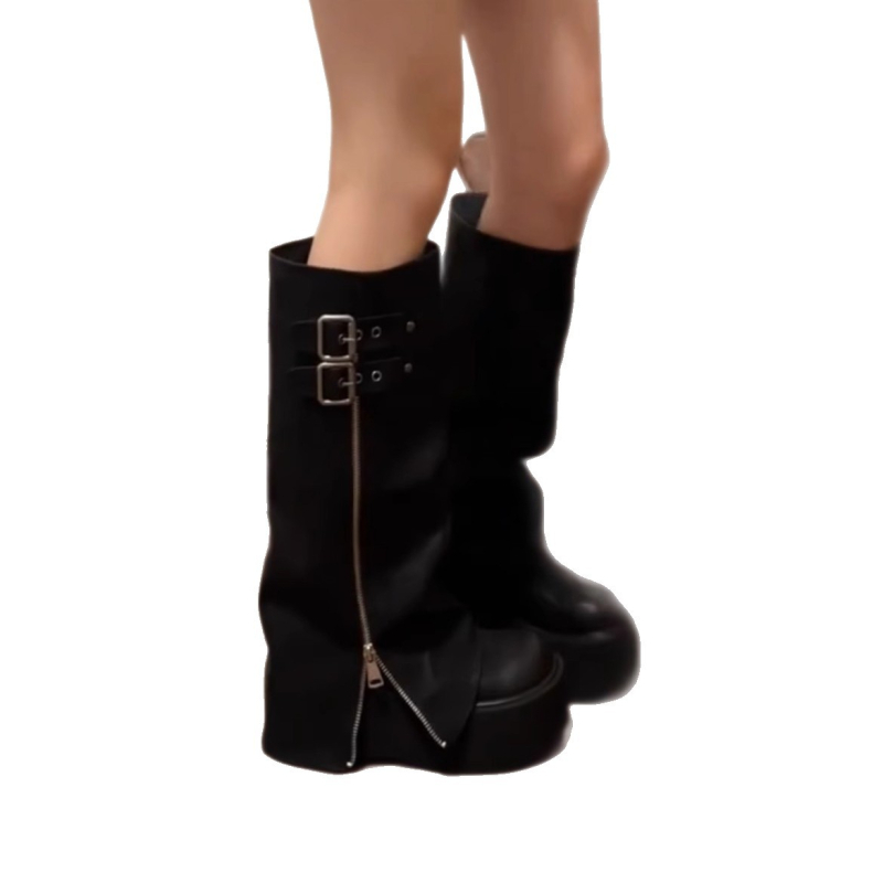 Női térdcsizmák vastag platformával és platformmal, kerek orrú, magas szár, brit stílus, felsőrész: szuper rost, talp: gumi