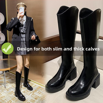 Dámske rytírske čižmy s vrchným materiálom mikrovlákno, podrážka z gumy, okrúhla špička, vysoký blokový podpätok 6-8 cm, zips vzadu (vrchný materiál mikrovlákno; podrážka guma; okrúhla špička; 6-8 cm blokový podpätok; zips vzadu)