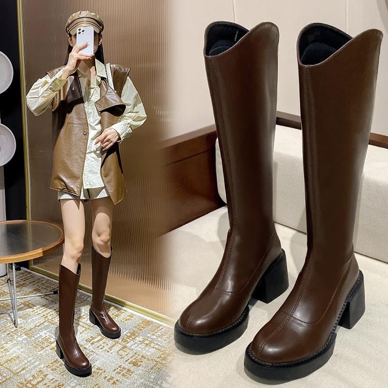 Dámske rytírske čižmy s vrchným materiálom mikrovlákno, podrážka z gumy, okrúhla špička, vysoký blokový podpätok 6-8 cm, zips vzadu (vrchný materiál mikrovlákno; podrážka guma; okrúhla špička; 6-8 cm blokový podpätok; zips vzadu)