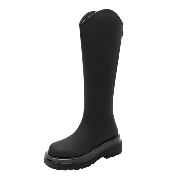 Ženské rytierky čižmy, PU vrchný diel, vysoký holenný, 3–5 cm široká päta, okrúhla špička, zadný zips