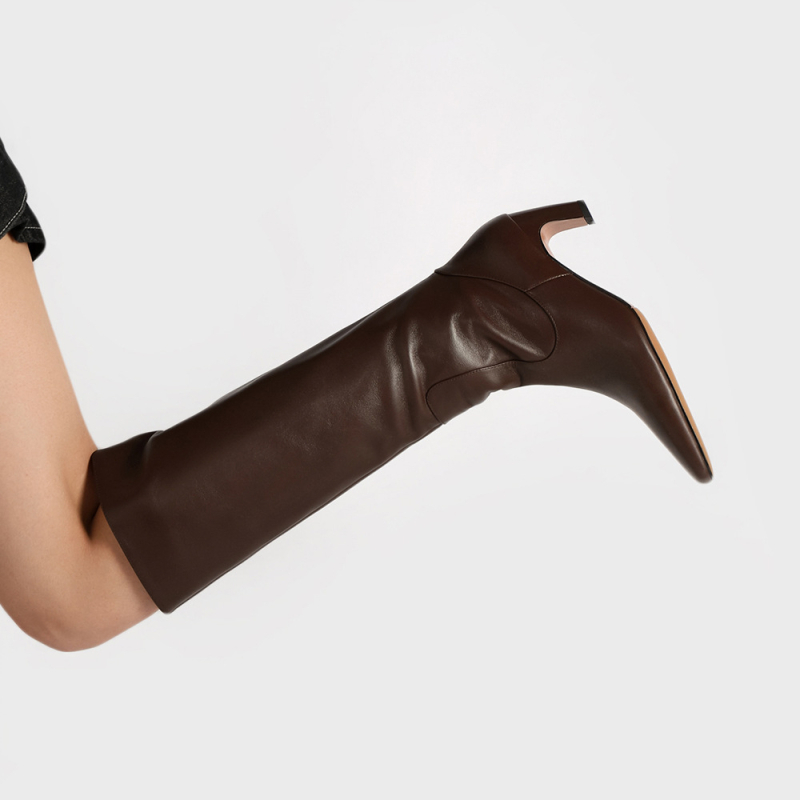 Ženske modne čizme Knight: visoki vrat, kvadratni vrh, 6–8 cm tanak potpetica; vanjski materijal: koža prvog sloja