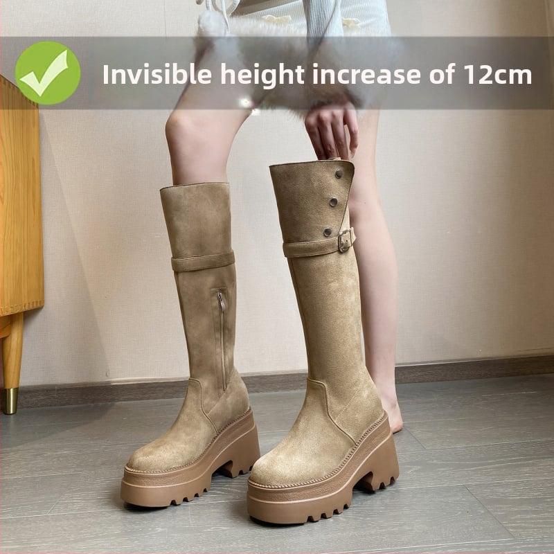 Rytírske čižmy nad kolená s 12 cm zväčšením výšky, fleecová výstelka, retro hrubá podrážka, nositeľné dvoma spôsobmi