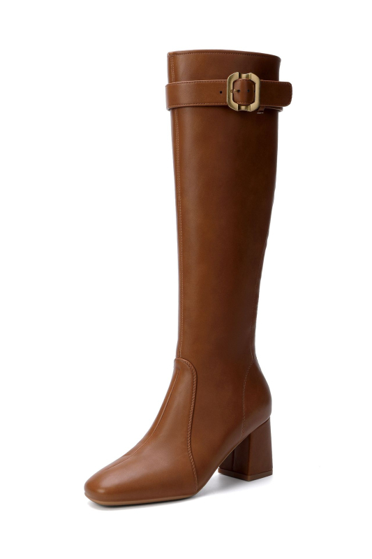 Dámske rytierovské čižmy s prackou, nadkolenné, okrúhla špička, hrubý podpätok 6-8 cm, zadný zips