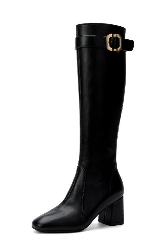 Dámske rytierovské čižmy s prackou, nadkolenné, okrúhla špička, hrubý podpätok 6-8 cm, zadný zips