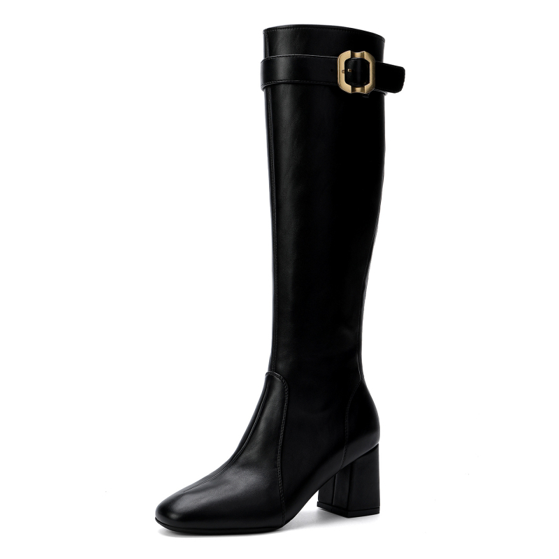 Dámske rytierovské čižmy s prackou, nadkolenné, okrúhla špička, hrubý podpätok 6-8 cm, zadný zips