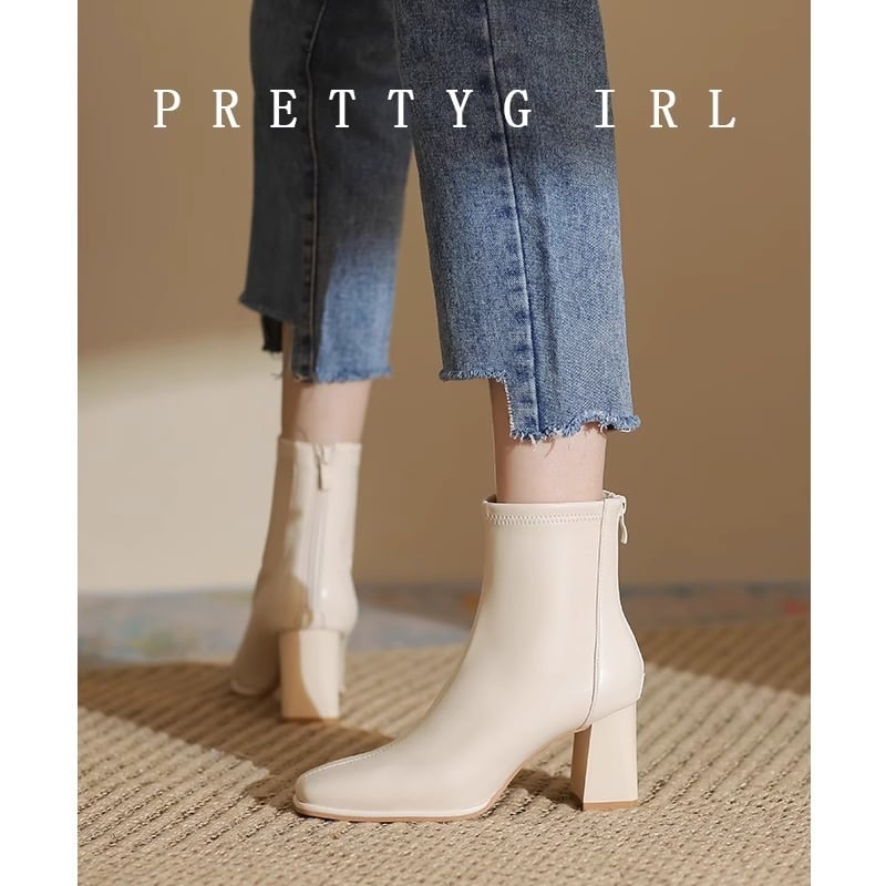 Dámske Slim čižmy z hovädzej kože, štvorcový tvar špičky, hrubý podpätok 6-8 cm, zips vzadu, gumová podrážka