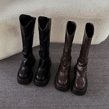 Ženske visoke čizme s debelim potplatom, PU gornji dio, gumeni potplat, visok dio čizme, stražnji zatvarač