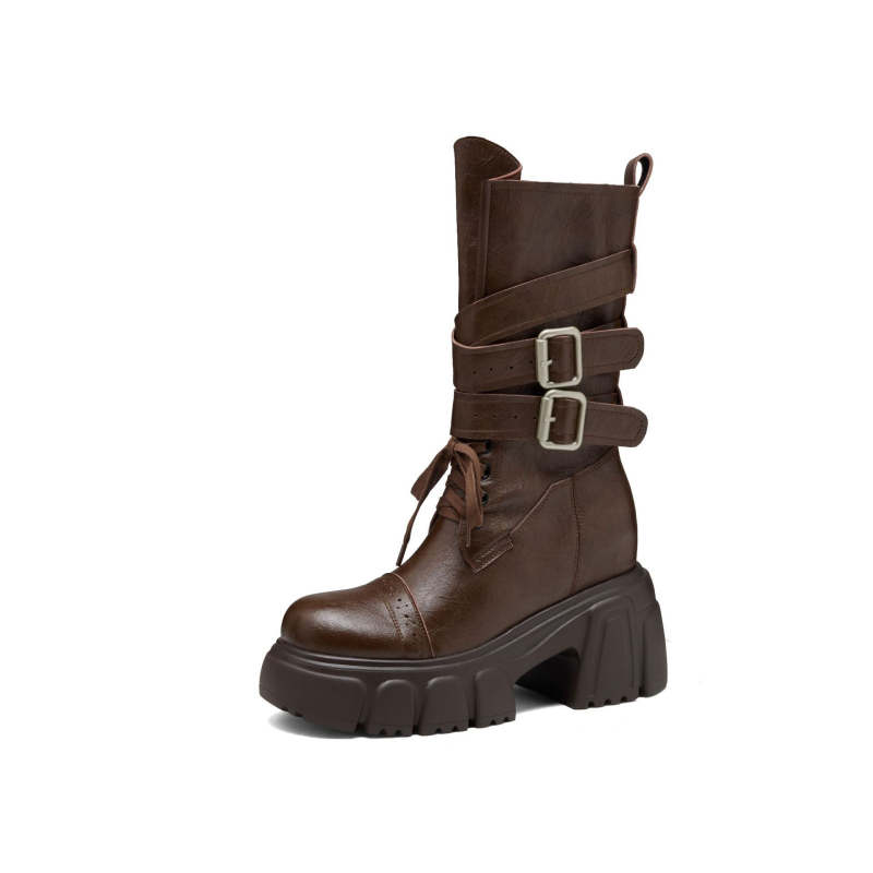 Ženske viteške čizme, srednje visoke, retro stil, debeli potpetica preko 8 cm, prednje vezanje