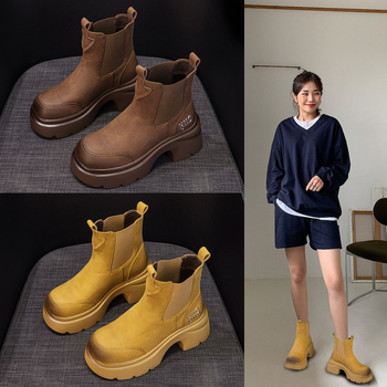 Botine Martin pentru femei cu talpă groasă pentru creșterea înălțimii, Slip-On, vârf rotund, până la jumătatea gambei, toamna 2025