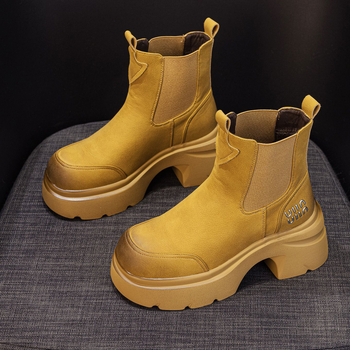 Botine Martin pentru femei cu talpă groasă pentru creșterea înălțimii, Slip-On, vârf rotund, până la jumătatea gambei, toamna 2025