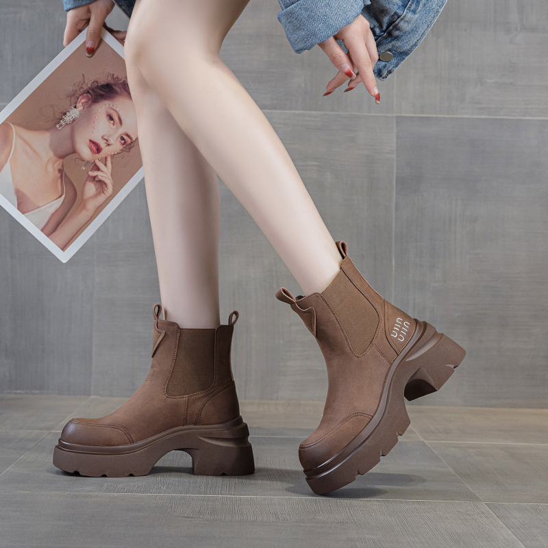 Botine Martin pentru femei cu talpă groasă pentru creșterea înălțimii, Slip-On, vârf rotund, până la jumătatea gambei, toamna 2025