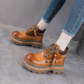 Cizme Martin pentru femei, din piele de vită de primă clasă, stil retro, creștere a înălțimii, vârf rotund, toc gros